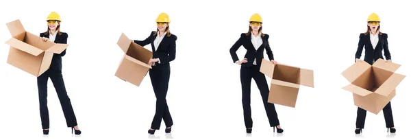 Vrouw bouwer met doos geïsoleerd op wit — Stockfoto