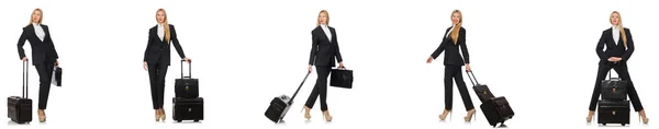 Mulher de negócios com mala isolada em branco — Fotografia de Stock