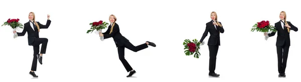 Femme d'affaires avec bouquet de fleurs isolées sur blanc — Photo