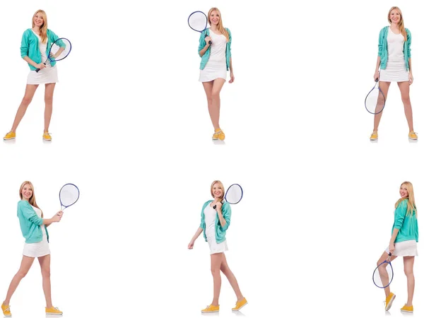Jovem bela senhora jogando tênis isolado no branco — Fotografia de Stock