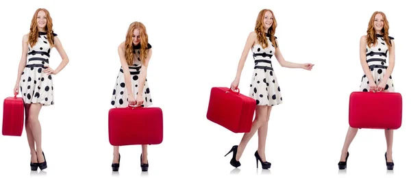 Mooie jongedame met rood koffer — Stockfoto