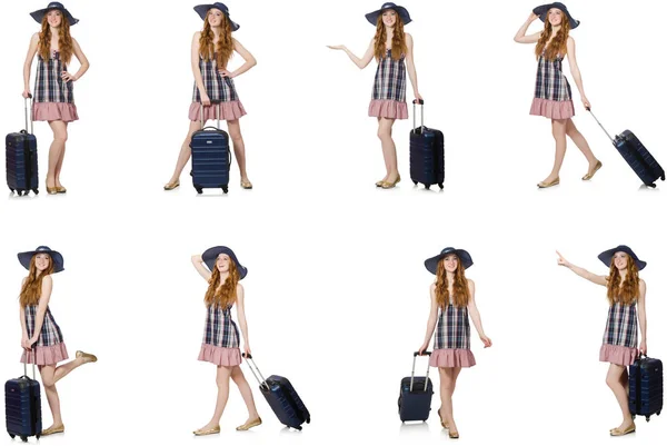 Jonge vrouw met koffer geïsoleerd op wit — Stockfoto