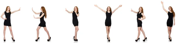 Young woman in black dress pressing virtual button — Stock Photo, Image