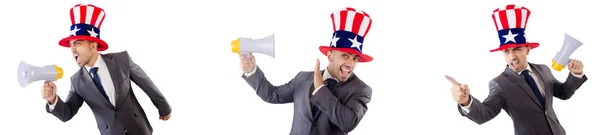 Uomo con cappello americano con megafono — Foto Stock