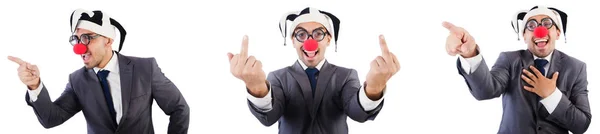 Смішний клоун бізнесмен ізольований на білому — стокове фото