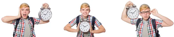 Νεαρό αγόρι με ξυπνητήρι στην αντίληψη της διαχείρισης του χρόνου — Φωτογραφία Αρχείου