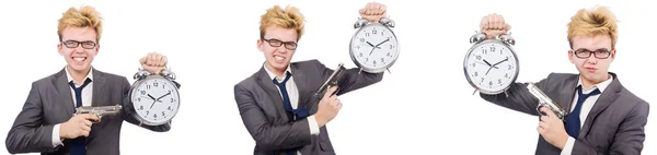 Young boy with alarm-clock and handgun — Stock Photo, Image