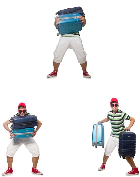 Ung man med tunga resväskor isolerad på vit — Stockfoto