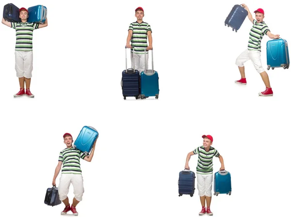 Young man with suitcase isolated on white — Stock Photo, Image