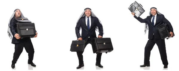 Uomo d'affari arabo con valigia isolata su bianco — Foto Stock