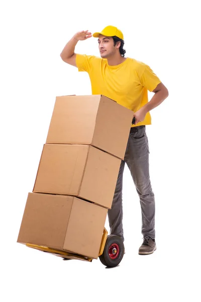 Giovane corriere maschio con scatola — Foto Stock