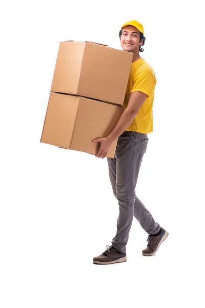 Joven mensajero masculino con caja — Foto de Stock