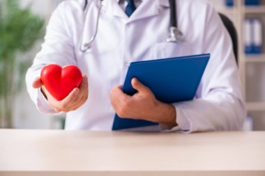 Erkek doktor kardiyolog kalp modeli holding 