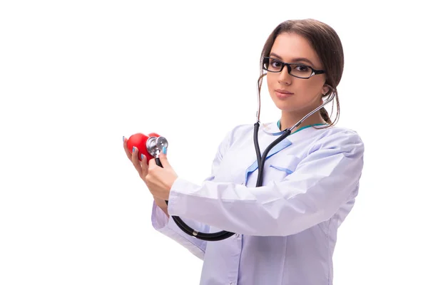 Mujer joven médico cardiólogo aislado en blanco —  Fotos de Stock