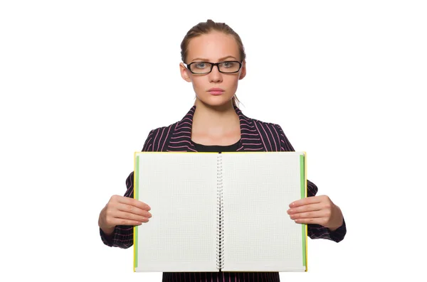 Jeune femme en costume violet avec des notes — Photo