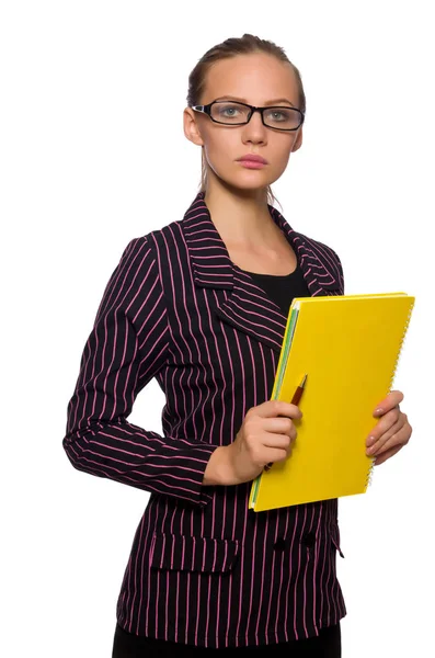 Mujer joven en traje púrpura con notas — Foto de Stock