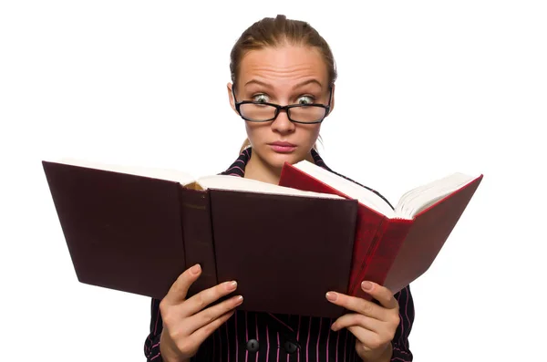 Jonge vrouw in paarse kostuum houden van boeken — Stockfoto