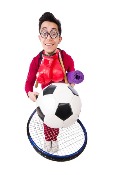 Hombre divertido en concepto de deportes en blanco — Foto de Stock
