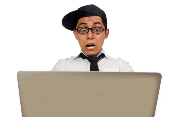 Jovem programador masculino engraçado isolado no branco — Fotografia de Stock