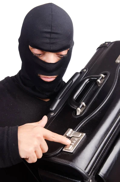 Male thief with suitcase isolated on white — Stock Photo, Image