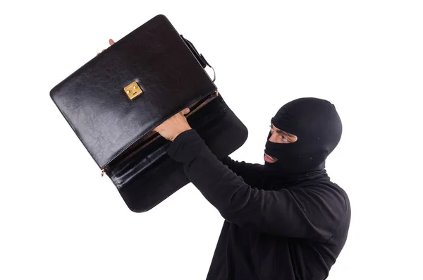 Ladrão masculino com mala isolada em branco — Fotografia de Stock