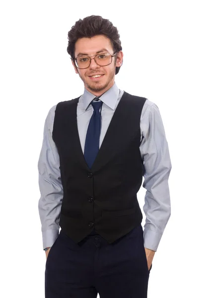 Joven hombre de negocios en concepto divertido en blanco — Foto de Stock