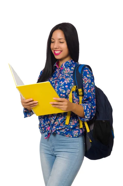 Mujer latina con notas aisladas en blanco — Foto de Stock