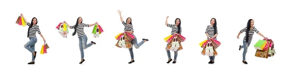 Mulher com sacos de compras isolados em branco — Fotografia de Stock