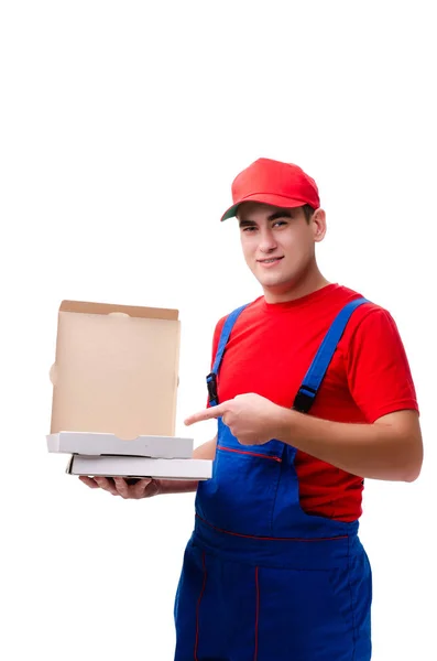 Trabalhador de entrega de pizza isolado em branco — Fotografia de Stock