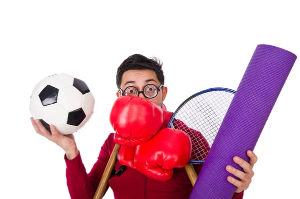 Lustiger Mann im Sportkonzept auf Weiß — Stockfoto