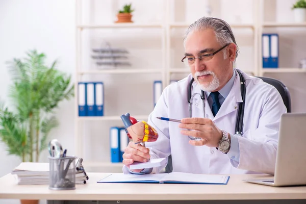 Médico cardiologista com idade masculina com modelo cardíaco — Fotografia de Stock