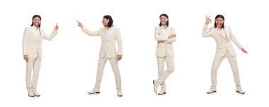 Beyazda izole edilmiş komik bir adam.