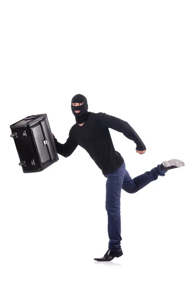 Muž zloděj s kufrem izolované na bílém — Stock fotografie