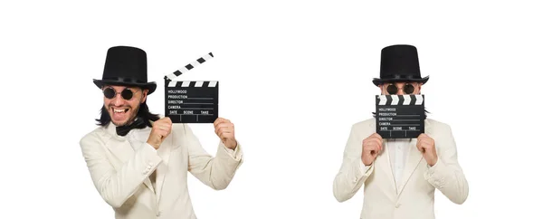 Homem segurando placa de filme isolado no branco — Fotografia de Stock