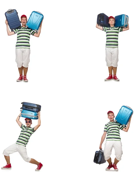 Young man with heavy suitcases isolated on white — Stock Photo, Image