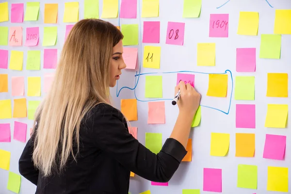 Unga vackra businesslady i motstridiga prioriteringar koncept — Stockfoto