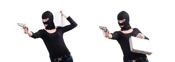 Criminoso com arma isolada no branco — Fotografia de Stock