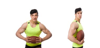 Amerikan futbolu üzerine beyaz izole çalmaya adam