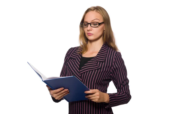 Jeune femme en costume violet avec des notes — Photo