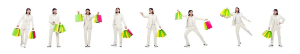 Άντρας με τσάντες για ψώνια απομονωμένος σε λευκό — Φωτογραφία Αρχείου
