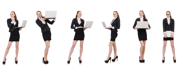 Donna d'affari con computer portatile isolato su bianco — Foto Stock