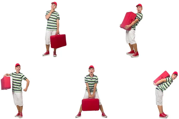 Νεαρός άνδρας με κόκκινη βαλίτσα απομονωμένος σε λευκό — Φωτογραφία Αρχείου