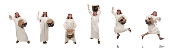 Arab man playing drum isolated on white — Stock Photo, Image