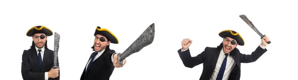 Піратський бізнесмен з шаблею ізольовано на білому — стокове фото