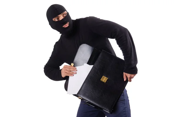 Male thief with suitcase isolated on white — Stock Photo, Image