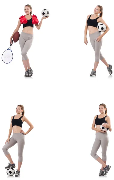 Молодая женщина с футболом, регби, боксерскими перчатками и теннисом — стоковое фото