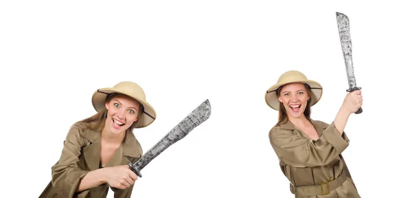 Mujer con sombrero de safari en blanco —  Fotos de Stock