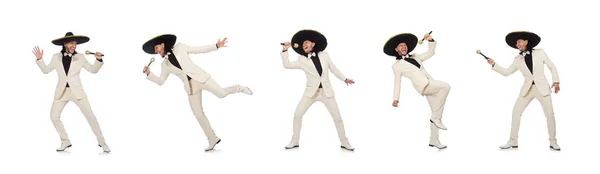 Смешной мексиканец в костюме держит маракасы изолированными на белом — стоковое фото