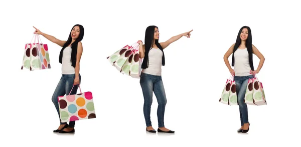 Femme avec des sacs à provisions isolés sur blanc — Photo