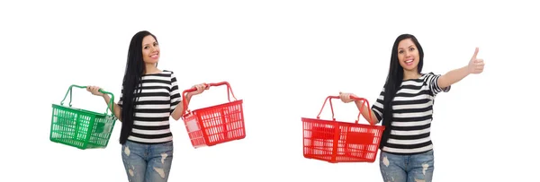 Woman with shopping cart isolated on white — Stock Photo, Image